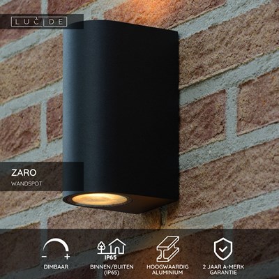 Lucide ZARO - Wandspot / Wandlamp Binnen/Buiten - 2xGU10 - IP65 - Zwart